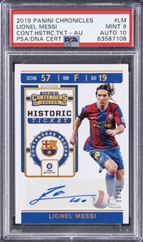 2019 Panini Chronicles Contenders Historic Ticket #LM Lionel Messi Signed Card (#18/25) - PSA MINT 9, PSA/DNA 10